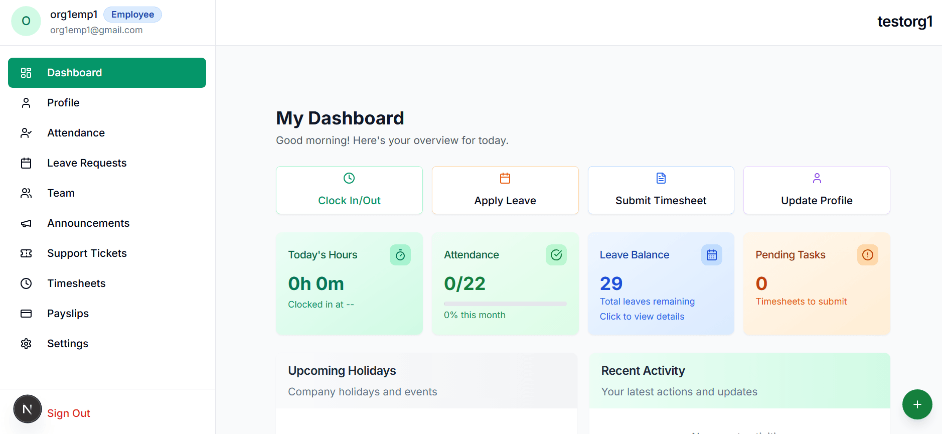 ossoHR dashboard showing employee management interface with attendance tracking and analytics