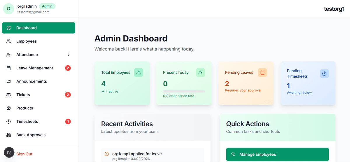 ossoHR admin dashboard showing total employees, attendance, pending leaves, and quick actions
